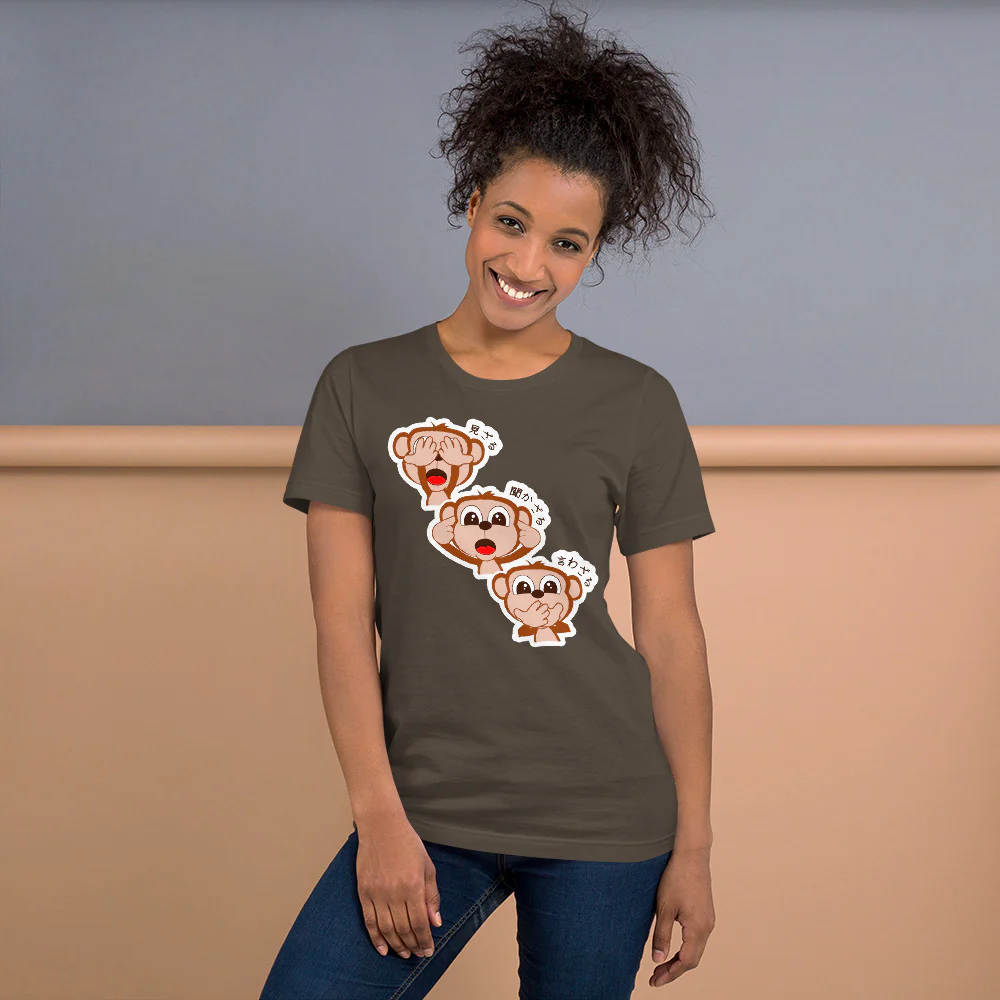Sanzaru The Three Wise Monkeys in Japanese Short-Sleeve Unisex T-Shirt - Image 3